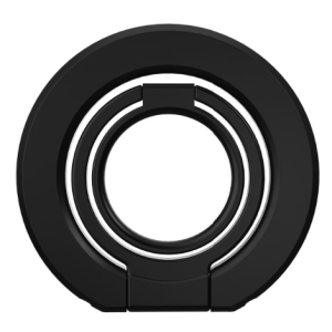 Matte black circular phone ring holder and kickstand with a rotating inner ring on a white background.